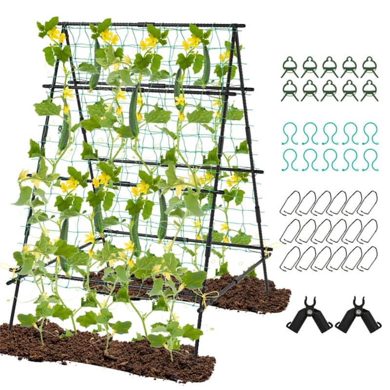Black PE-Coated Metal A-Frame Garden Trellis with Netting Support - 41" x 51" x 59" (L x W x H) - Black