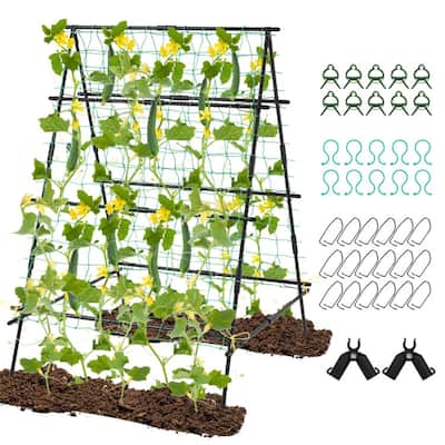 Black PE-Coated Metal A-Frame Garden Trellis with Netting Support - 41" x 51" x 59" (L x W x H)