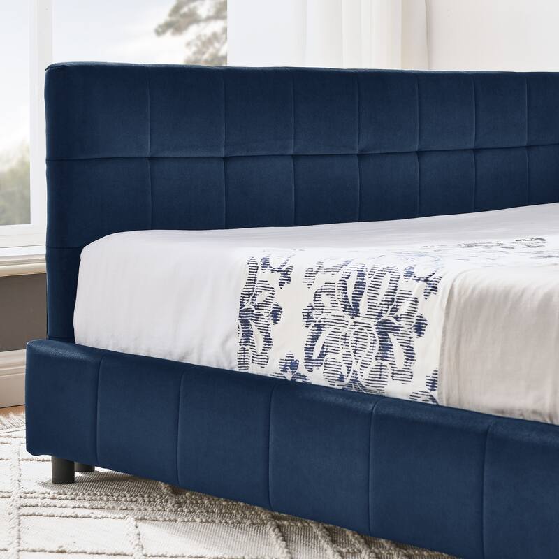 Full Size Velvet Upholstered Tufted Daybed with Backrest and Armrests, Dark Blue