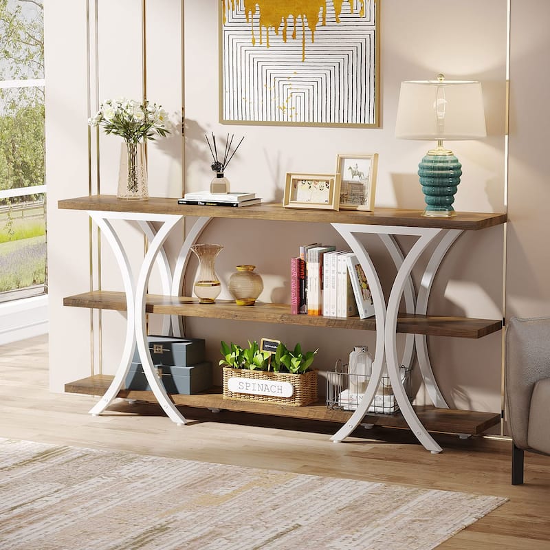 Console Table with Storage Shelf, 70.8 Inch Long Sofa Table Entry Table for Living Room Hallway - Brown and White