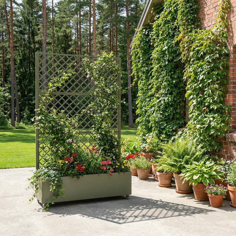 Raised Garden Bed Planter with Trellis Movable Planter Box with Lockable Wheels - Olive Gray - 72*47