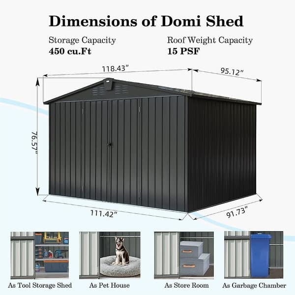 10'x 8' Outdoor Galvanized Steel Storage Shed with Lockable Door for
