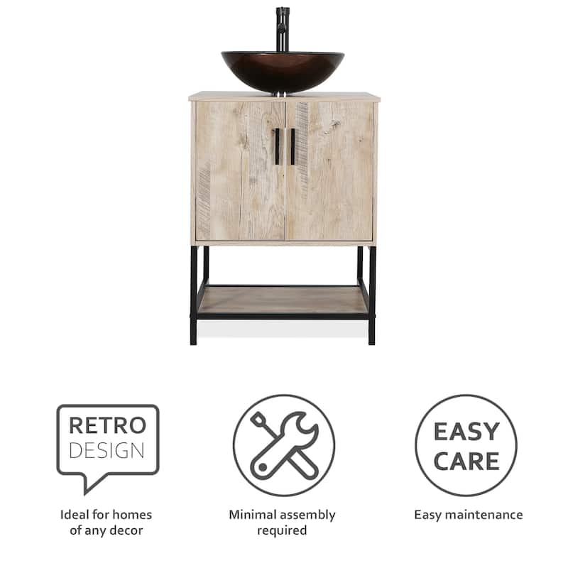 24" Bathroom Vanity Sink Combo Oak Cabinet Vanity Tempered Glass/Ceramic Sink