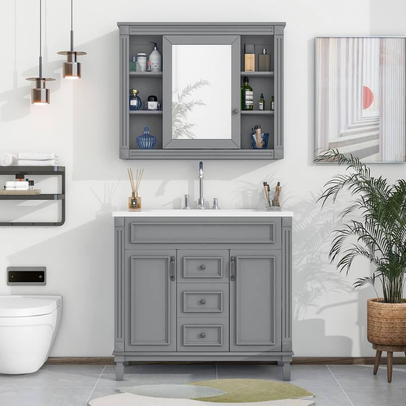 35" Modern Bathroom Vanity with Mirror Cabinet, Undermount Sink, 2 Drawers & Concealed Storage - 35.9in L MDF