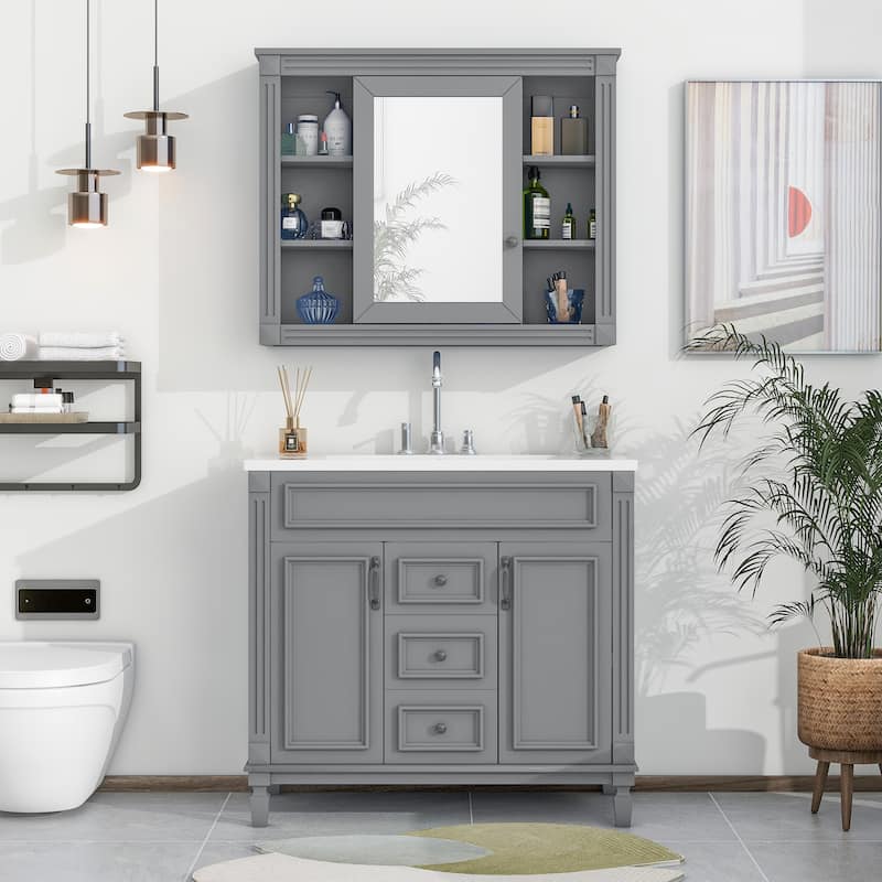 36'' Bathroom Vanity Combo Set with Mirror Cabinet, Modern Bathroom Storage Cabinet with 2 Soft Closing Doors and 2 Drawers