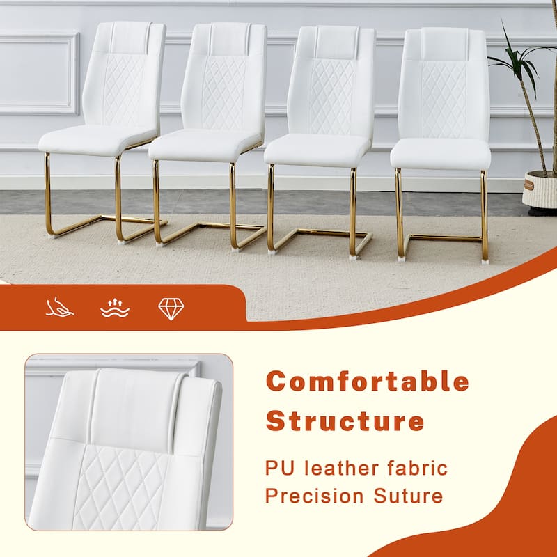 White Leather Dining Chairs with Metal Legs, Dining Table & Chairs Set Dining Table with Gold C-Shaped Legs