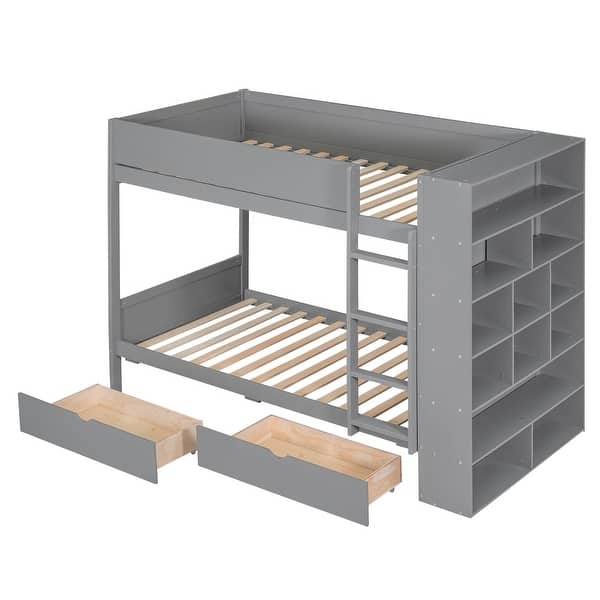 slide 2 of 14, Solid Wood Twin Bunk Bed w/ All-in-one Bookshelf, 2 Drawers, Footboard Gray - Twin
