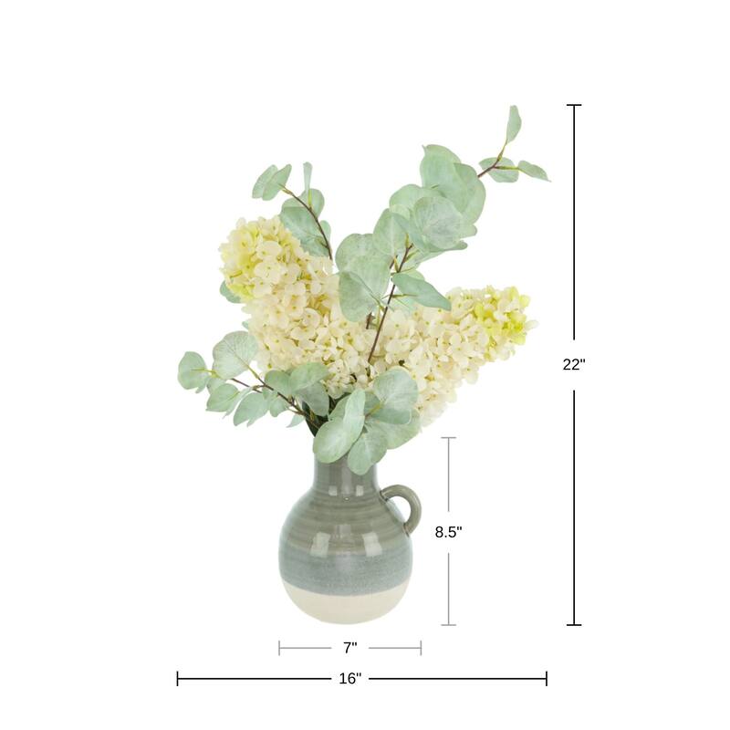 Modern Farmhouse Arrangement with Hydrangeas and Eucalyptus in Ceramic Vase