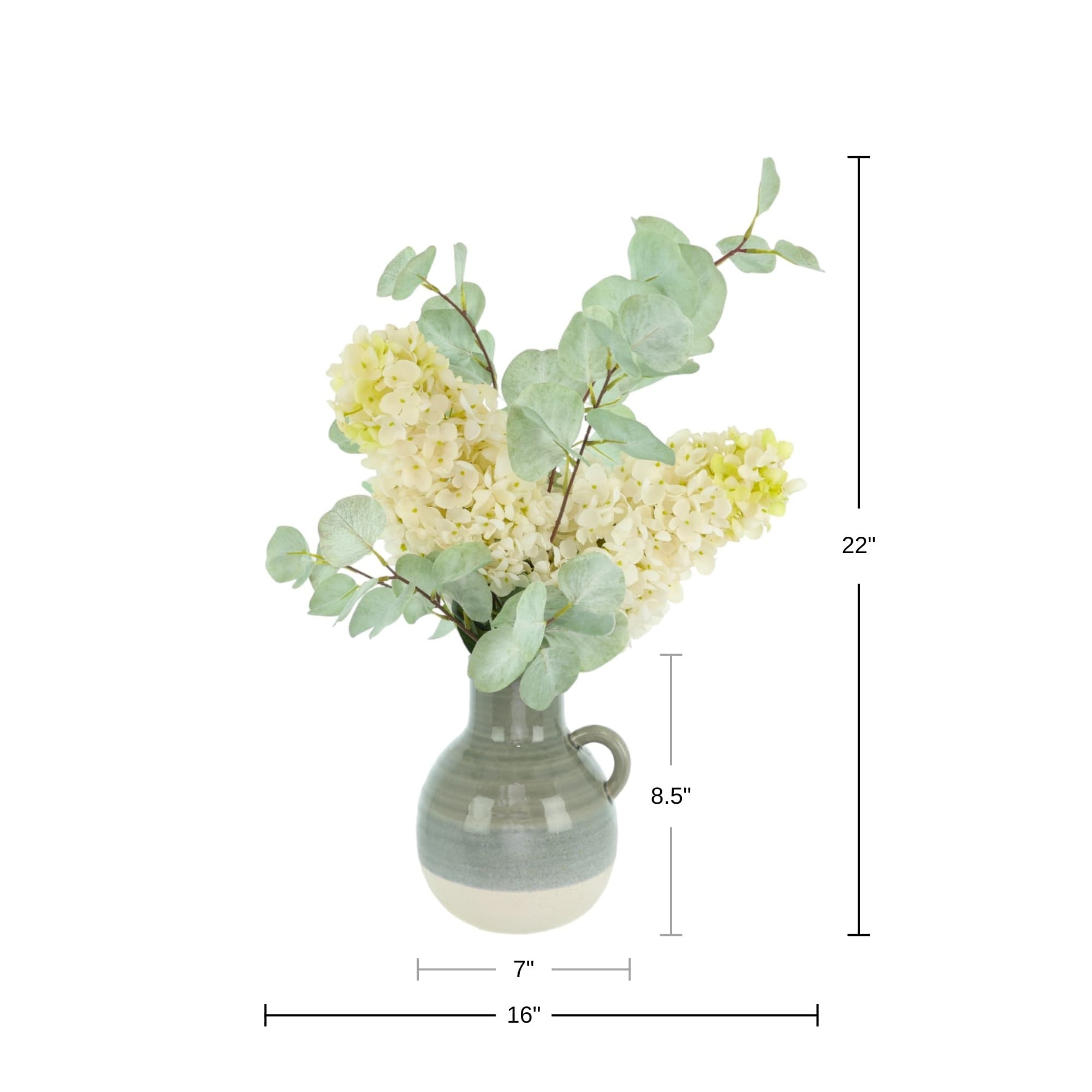 Modern Farmhouse Arrangement with Hydrangeas and Eucalyptus in Ceramic Vase