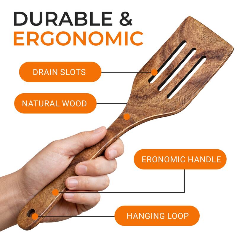 Cheer Collection Teak Wood Slotted Cooking Spatula with Drain Slots for Nonstick Cookware