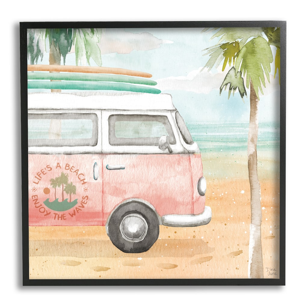 Stupell Life's a Beach Pink Surf Van Framed Giclee Texturized Wall Art, Design By Dina June