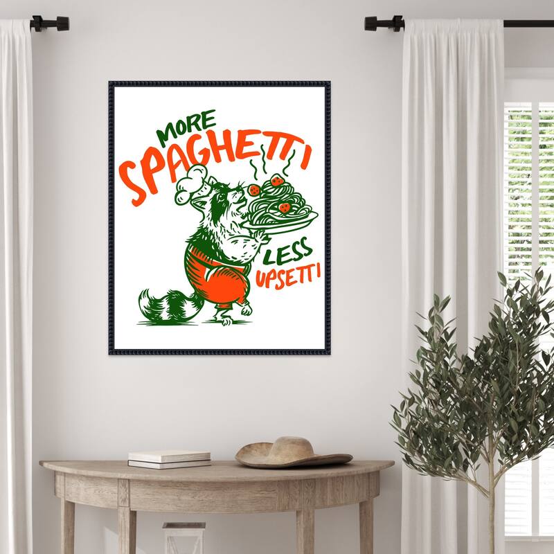 More Spaghetti Less Upsetti Raccoon with Pasta by The Whiskey Ginger Framed Canvas Wall Art Print