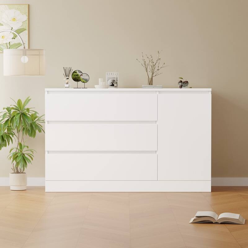 Modern White Wooden Side Cabinet with Hidden Drawers - Versatile Storage Organizer