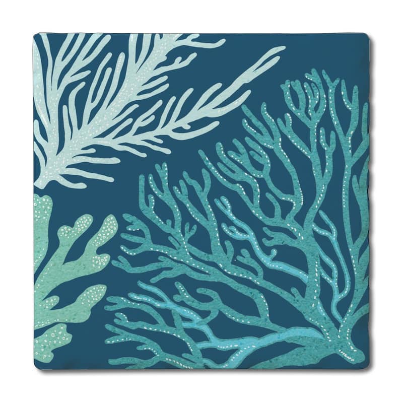 Coral Blues 4 Pack Absorbent Stone Coasters with Cork Backing 4" Square Made in The USA Absorbent Wipes Clean - Multi