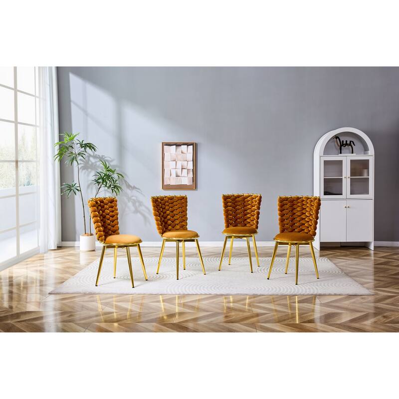 Set Of 2, Modern Luxury Velvet Woven Decorative Dining Chairs, Equipped With Gold Metal Legs And Cushioned Seats