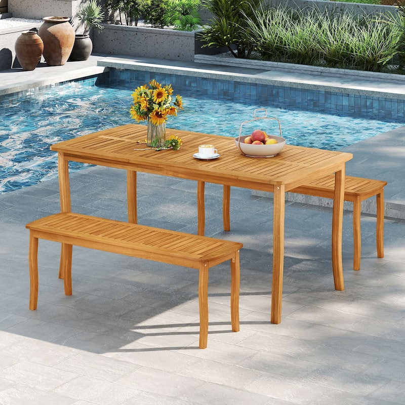 3-Piece Outdoor Acacia Wood Dining Set with Tabletop Umbrella Hole for Garden or Patio - 63” x 32” x 30” (L x W x H)