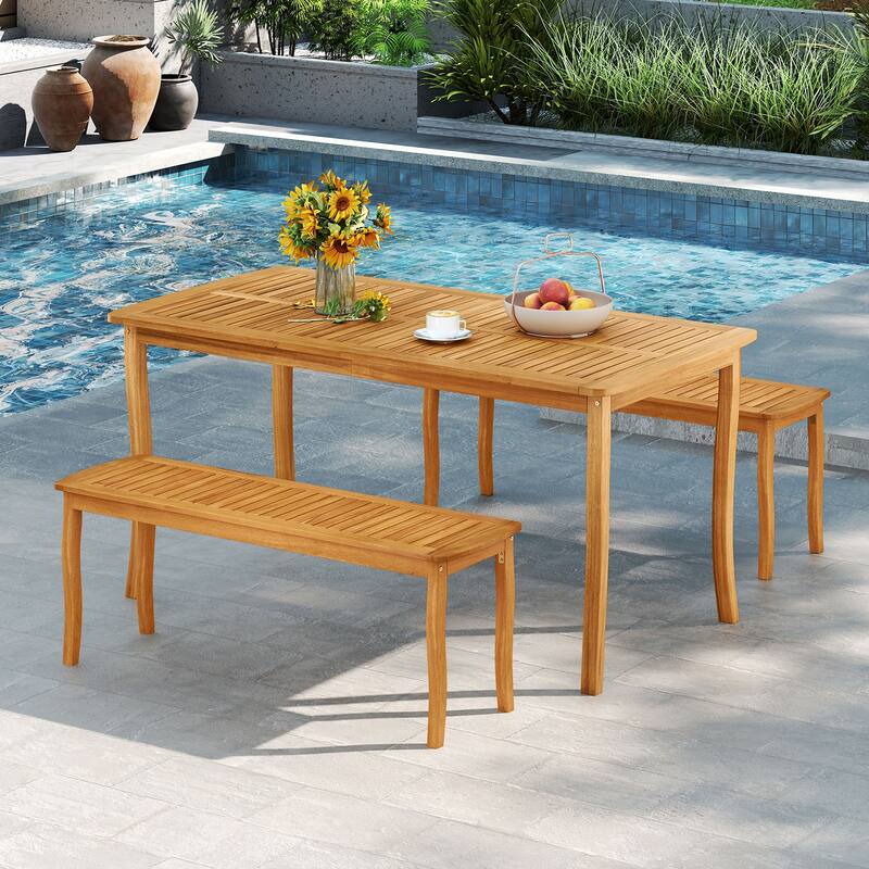 Gymax 3 Pieces Outdoor Dining Set for 4 People Patio Acacia Wood Table