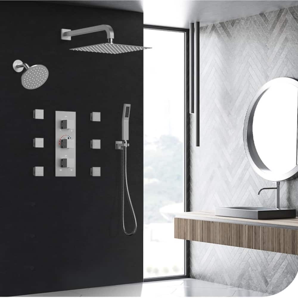 Thermostatic Dual Shower System 12" and 6" Rainfall Shower Head with 6 Body Jets & Handheld Shower