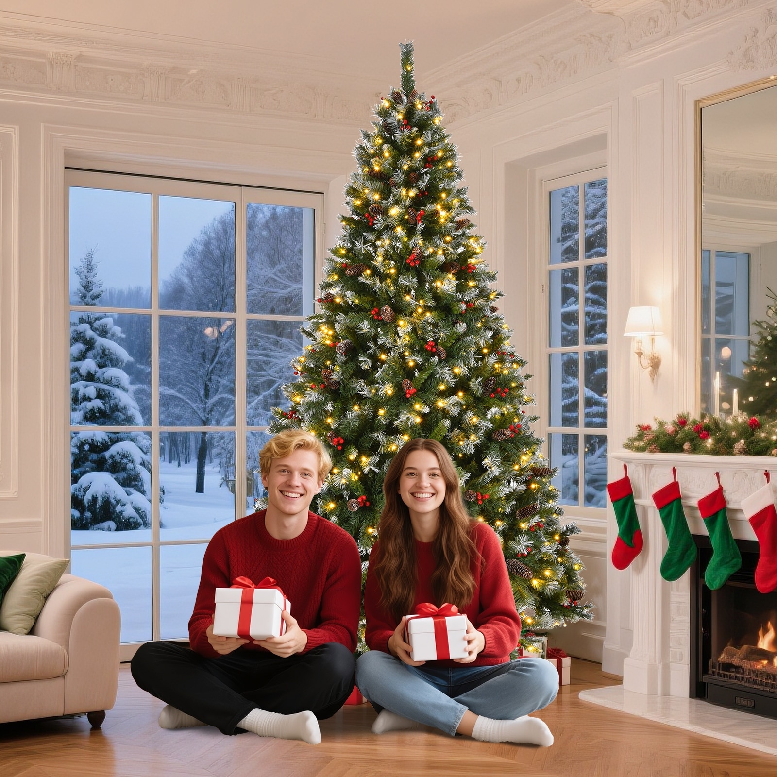 Pre-Lit Pre-Decorated Artificial Flocked Christmas Trees with Lights, Pine Cones, Berries & Metal Base