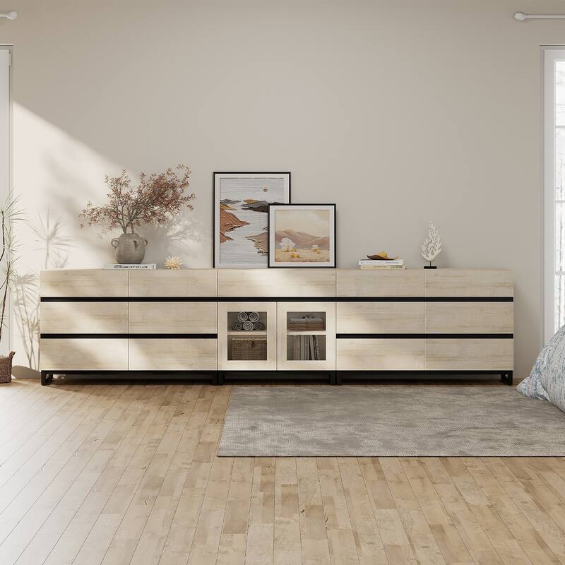 WAMPAT 3 in 1 Modern Dresser with Glass Doors and 3 Drawers, Chest of Drawers for Bedroom