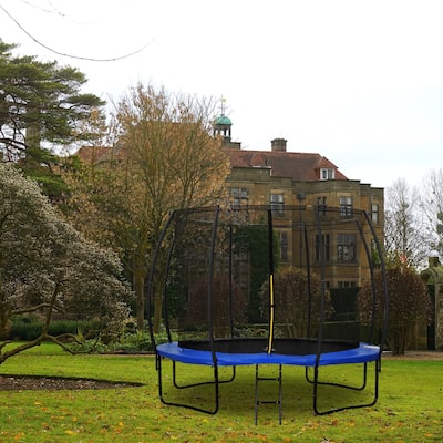 12FT Blue Finish Outdoor Trampoline With Safety Net and Ladder