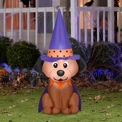 Gemmy Halloween Inflatable Dog in Witch Hat, 4 ft Tall