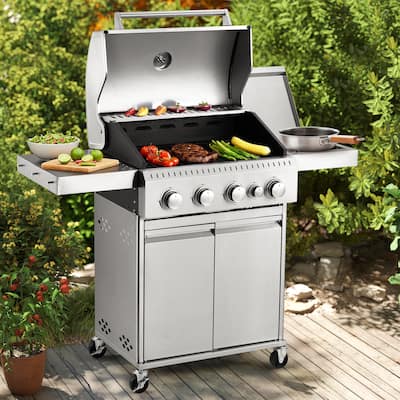 42,000 BTU 4-Burner Stainless Steel Gas Grill with Side Burner – Heavy-Duty Cast Iron Grates– Silver