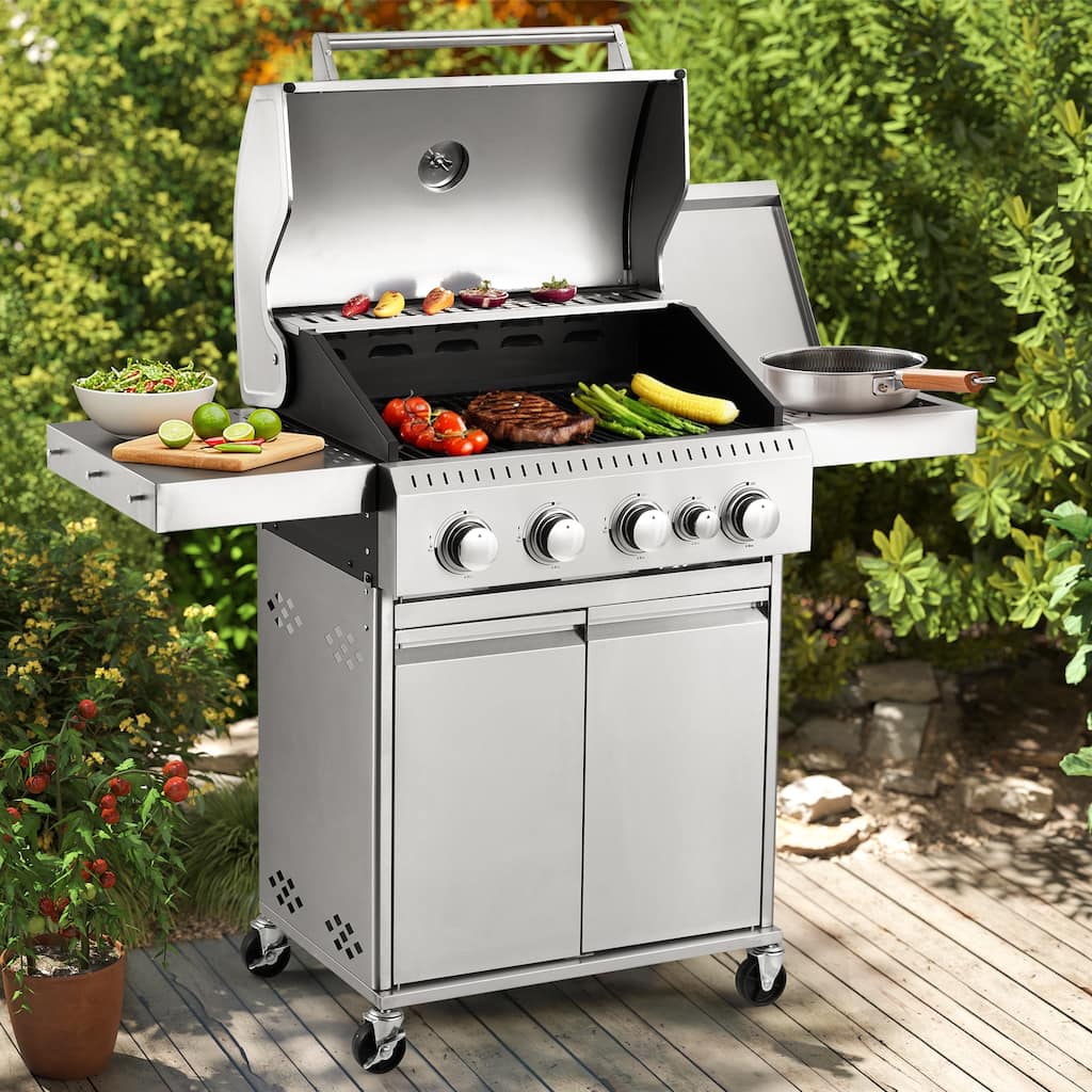 42,000 BTU 4-Burner Stainless Steel Gas Grill with Side Burner – Heavy-Duty Cast Iron Grates– Silver