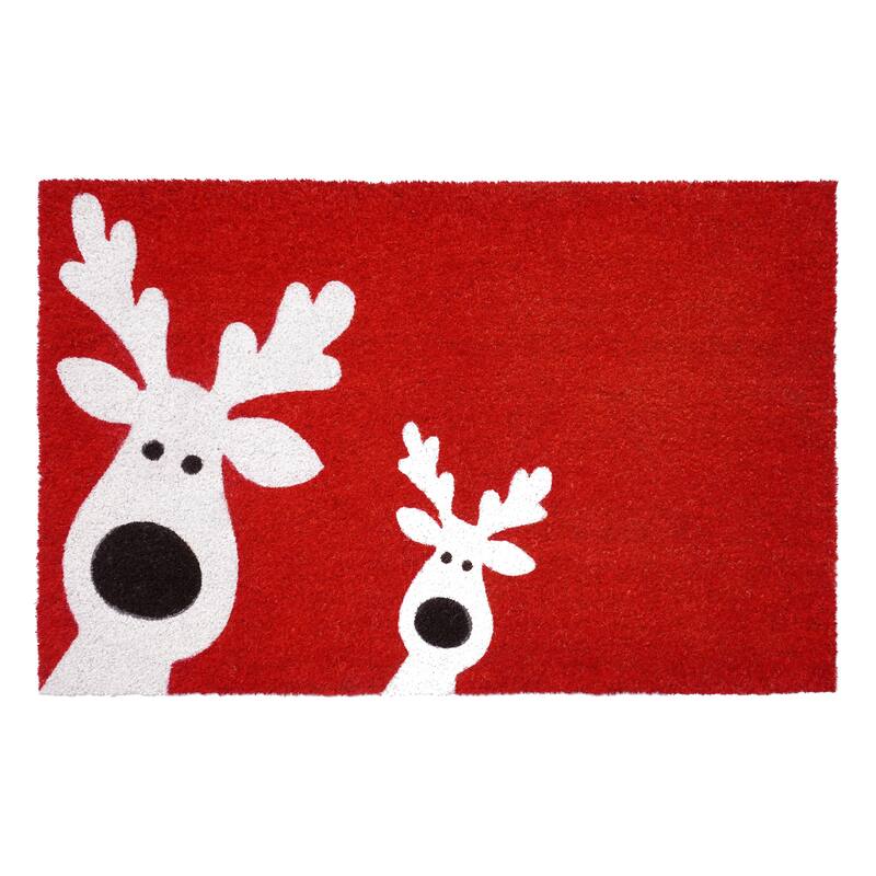 HomeRoots 24" X 36" Red White And Black Christmas Reindeer Outdoor Coir Door Mat - 24.00' X '36.00