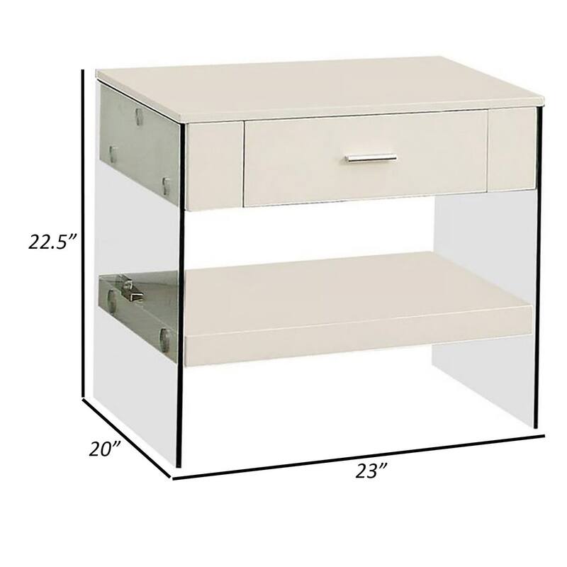 20 in. Glossy White Rectangle Glass End Table with Storage Drawer for Convenience