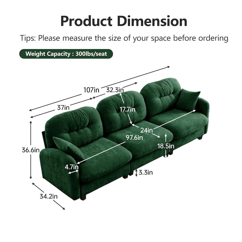 Homy Casa Chenille 3-Seat Modular Sofa, Tufted Back, Ergonomic Couch