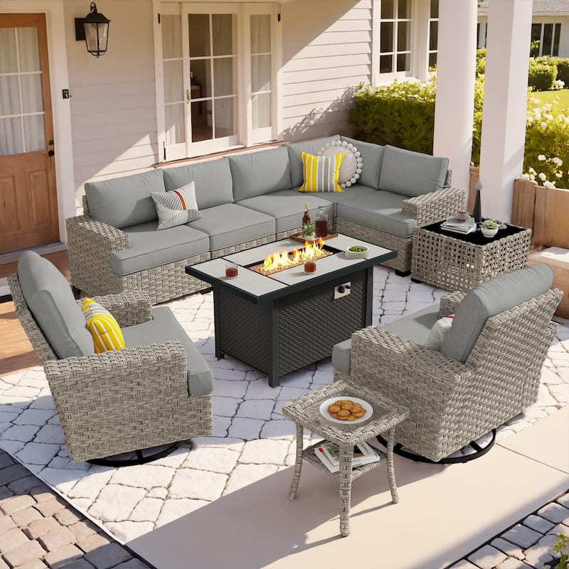 OVIOS 10 Pieces T shaped Seat Wide Armrest Swivel Chair Set With Fire Pit - DarkGrey