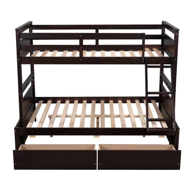 Convertible Bunk Bed into Twin Bed & Full Bed, Twin Over Full Wood Bed Frame with Storage Drawers, Ladder and Safety Guardrails