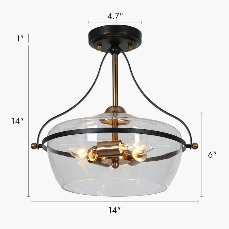 Zelena Modern Farmhouse 3-Light Black Gold Glass Bowl Semi-flush Mount Ceiling Lights