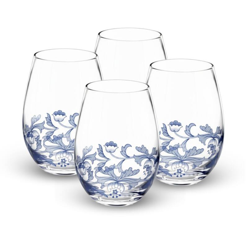 Spode Set of 4 Blue Italian Stemless Wine Glass - 19 oz. - 19 oz. - Blue/Clear