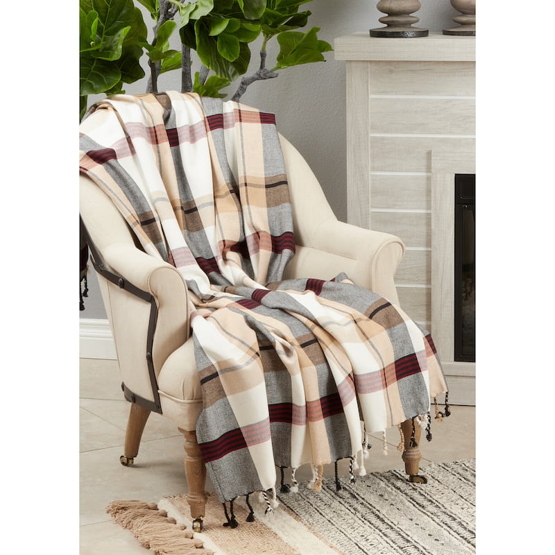 Cotton Throw Blanket With Plaid Design