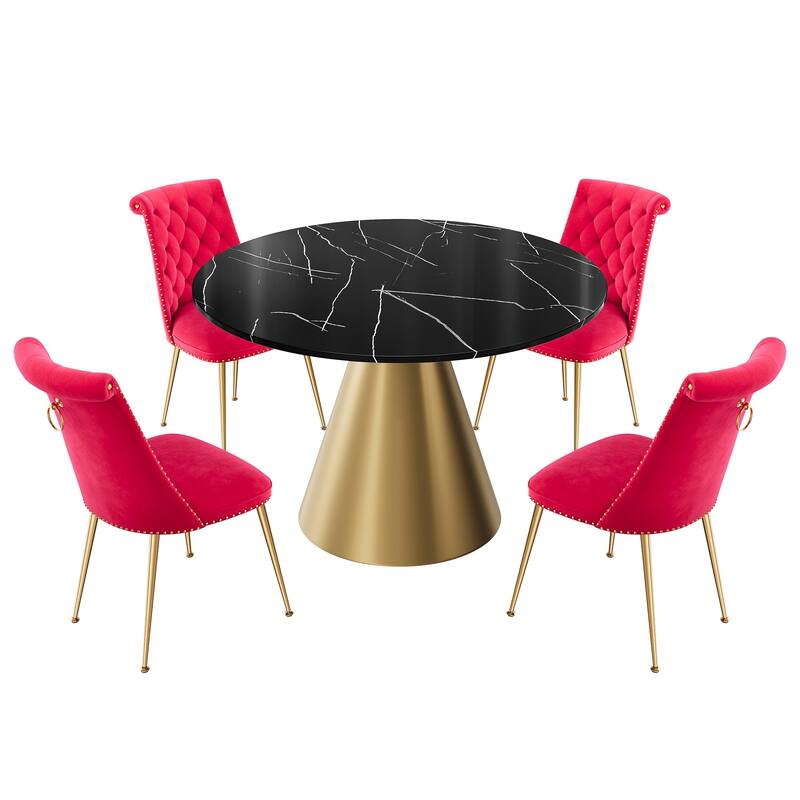 48" Marble Top Metal Dining Table with Velvet Dining Chair Set