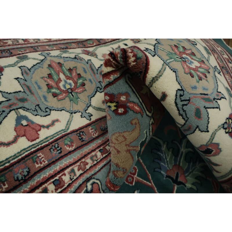 Hand Knotted Oriental 100% Wool Carpet Traditional Geometric Green Heriz Area Rug - 13' 10'' X 9' 8''