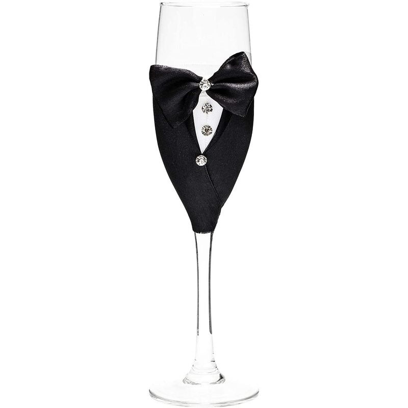 2Pc Wedding Champagne Flutes Bridal Groom Black White Dress Elegant Drink  Goblet Flower Imitation Pearl Decor