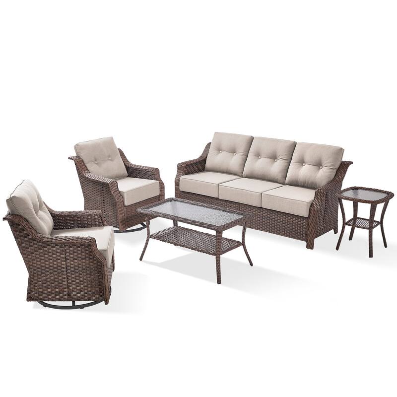 Gymojoy Wicker Patio Furniture Sofa Set, 6-Inch Ultra Thick Cushioned 360°Swivel Glider Chairs & Sofa Set
