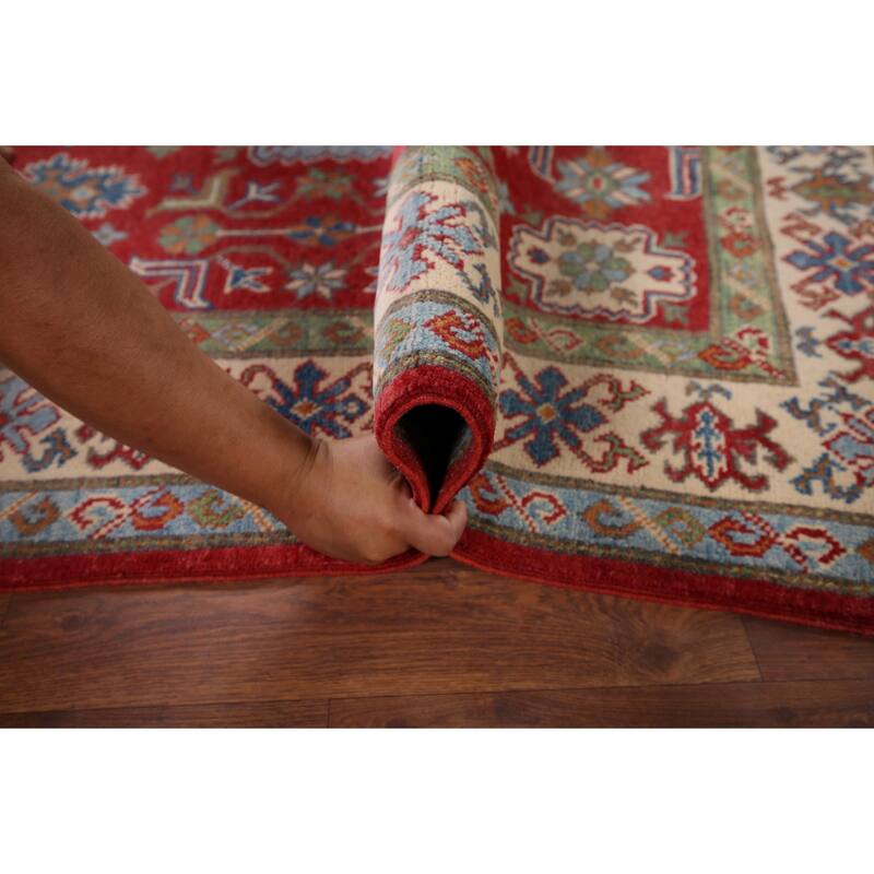 Red Kazak Oriental Accent Rug Hand-Knotted Geometric Wool Carpet - 4'0" x 5'9"