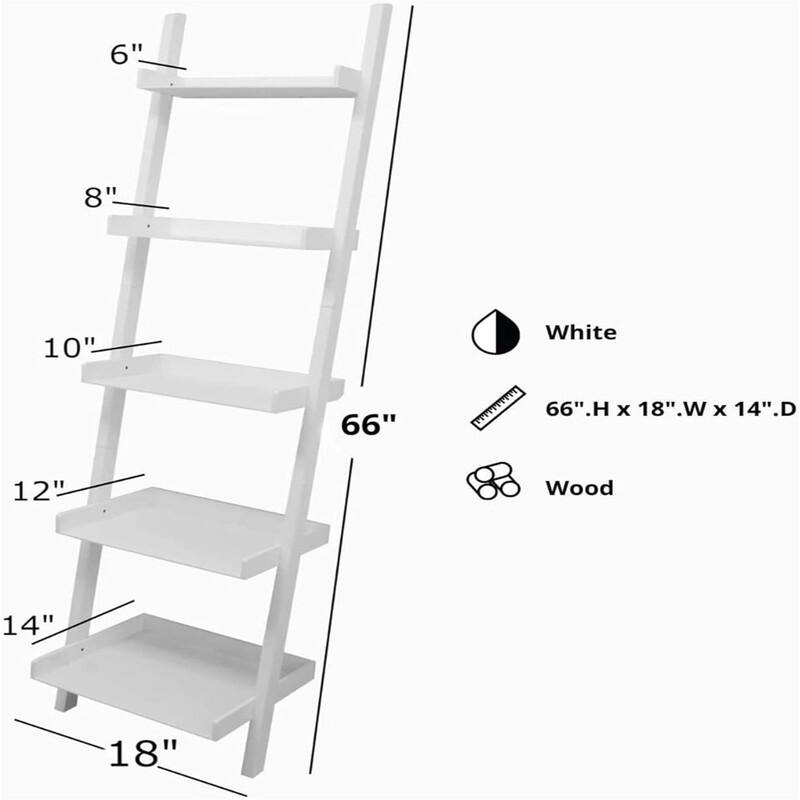5 Tier Ladder Shelf Leaning Bookshelf Storage Rack for Home - 14"D x 18"W x 66"H