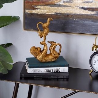 Gold Polystone Eclectic Sculpture Monkey 11 x 8 x 3 - 8 x 3 x 11