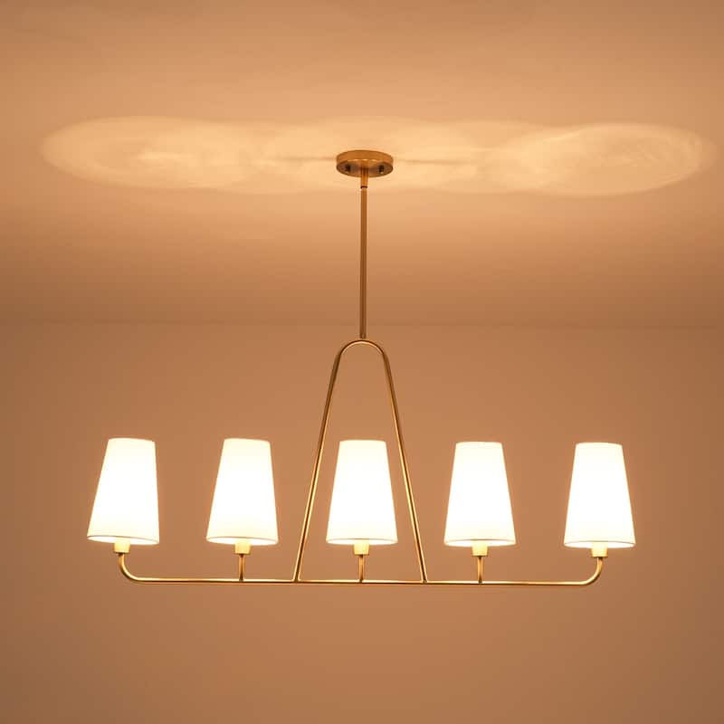 5-Light Mid-Century Modern Linear Pendant Light in Brass Finish White TC Fabric Shade for Dining Room and Kitchen Island