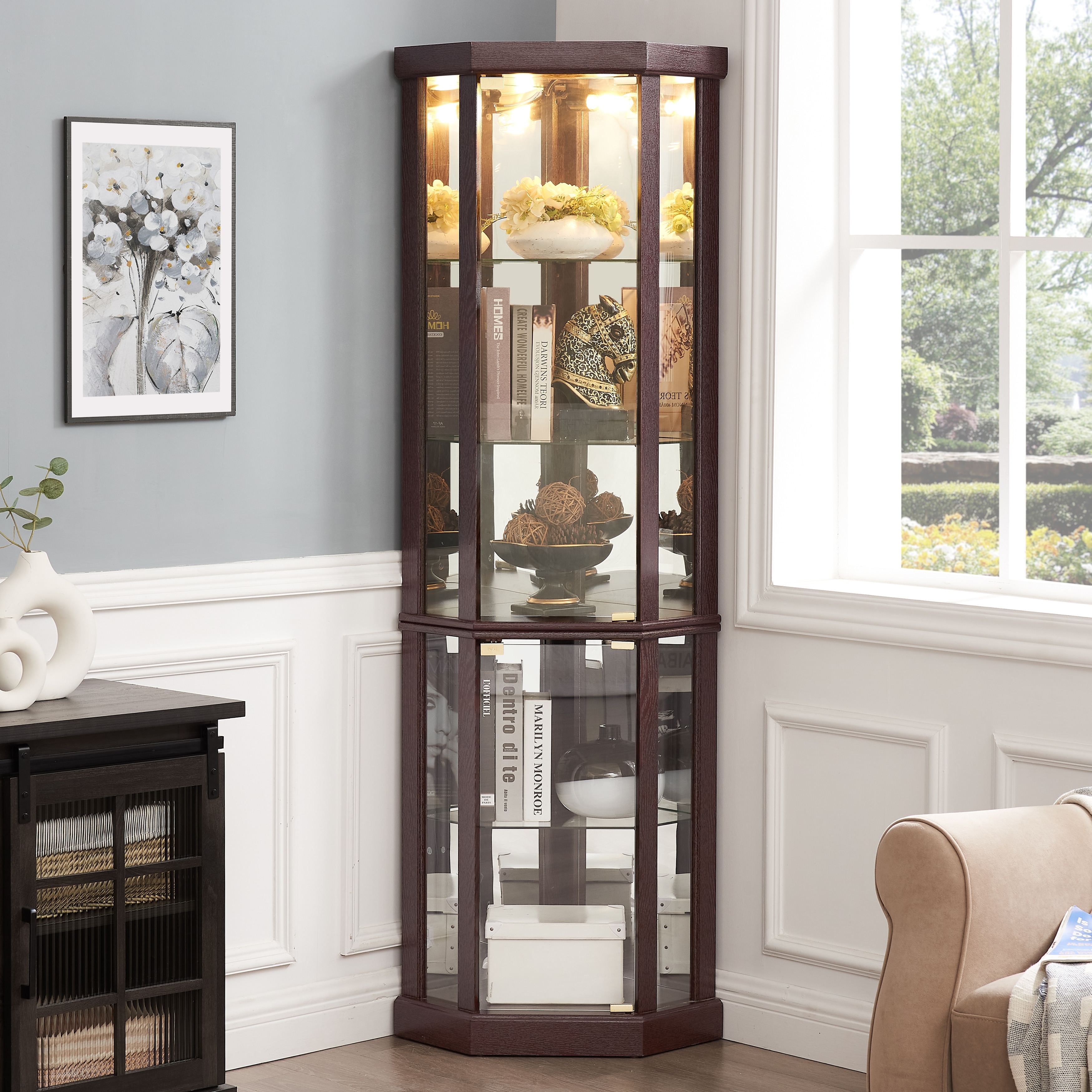 Corner Display Cabinet with Glass Door, Shelves & Light
