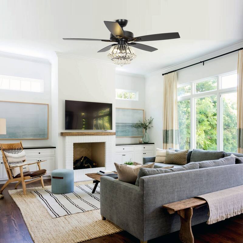 52" Modern Black Downrod Mount Crystal Ceiling Fan with Light and Remote Control - 52 in. D x 52 in. W x 21.6 in. H