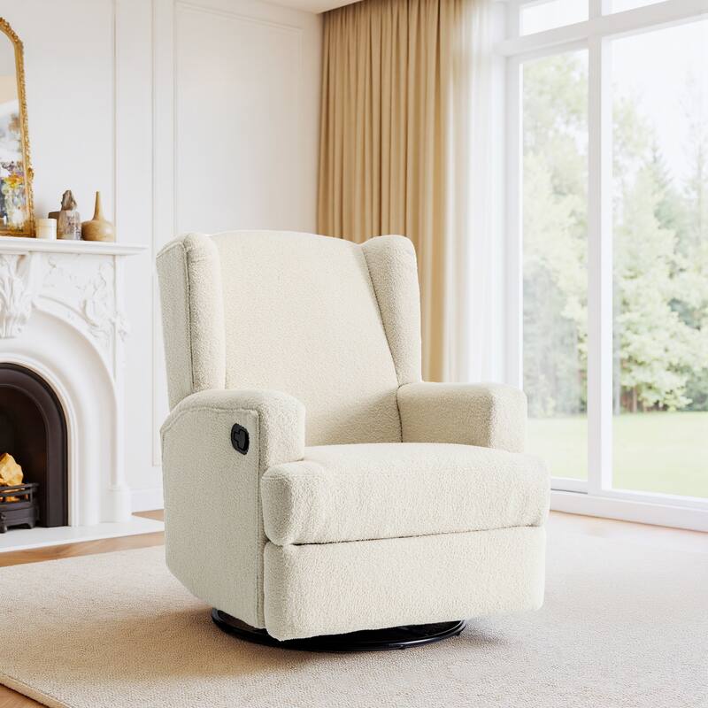 UIXE Upholstered Chenille/Boucle Swivel Glider Rocker Recliner - Cream/Boucle