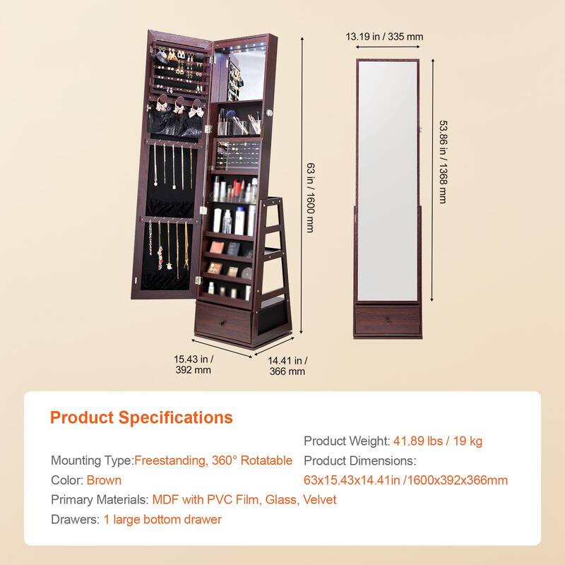 3-in-1 Functionality Freestanding Rotating Jewelry Mirror with Lockable Storage and Ample Ring Slots - 15.35 x 14.4 x 63 in