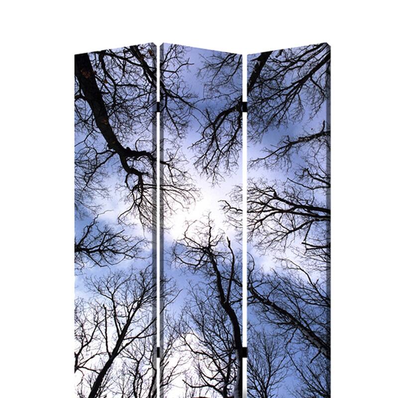3 Panel Foldable Canvas Screen with Tree Print, Black - 6 x 12