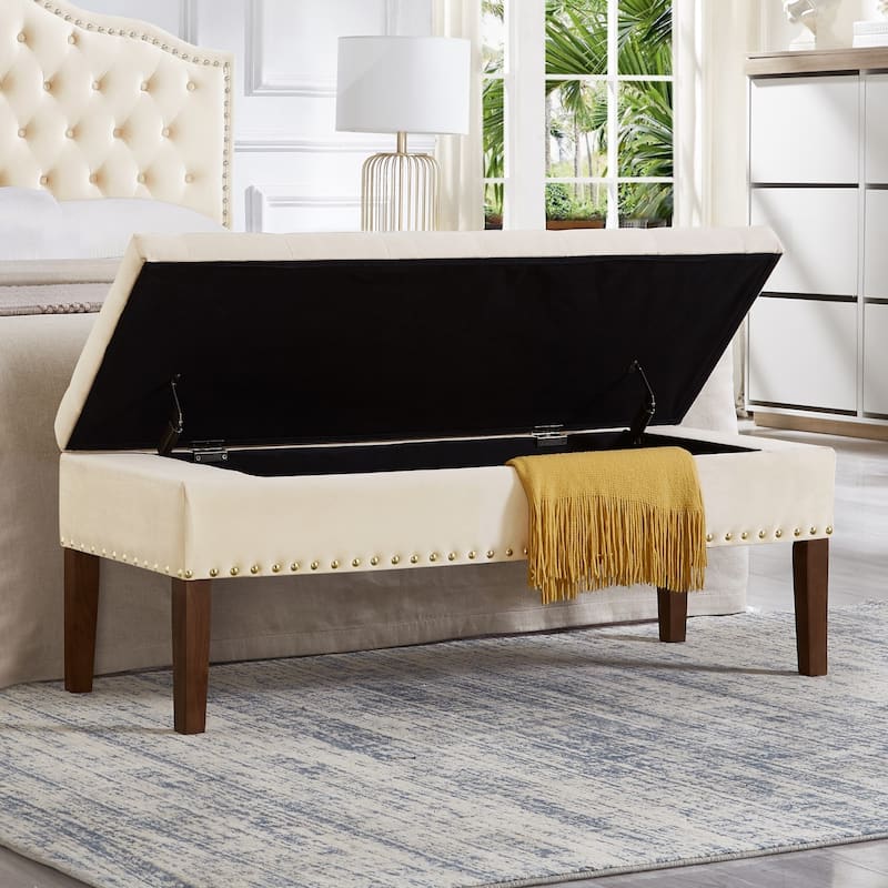 Modern Storage Bench with Wooden Legs, 48 Inch Upholstered Ottoman Bench Velvet End of Bed Stool, Entryway Bench